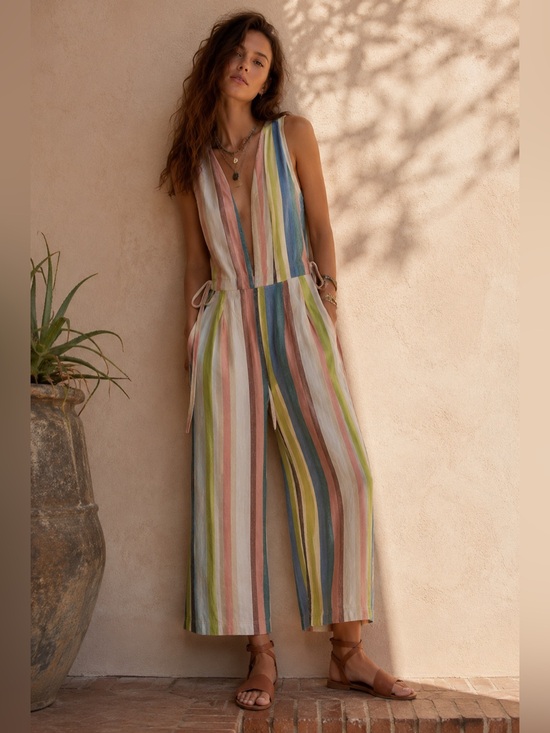Free People Pants - Free People My Kind Of Woman Garden Striped Jumpsuit Wide-Leg Cropped Overalls 0